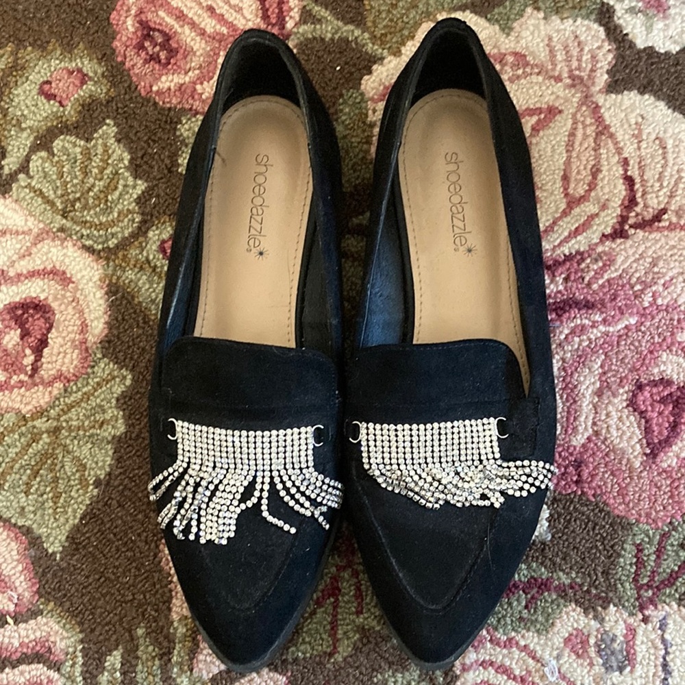 Black Faux Suede Loafers with Silver Tassle